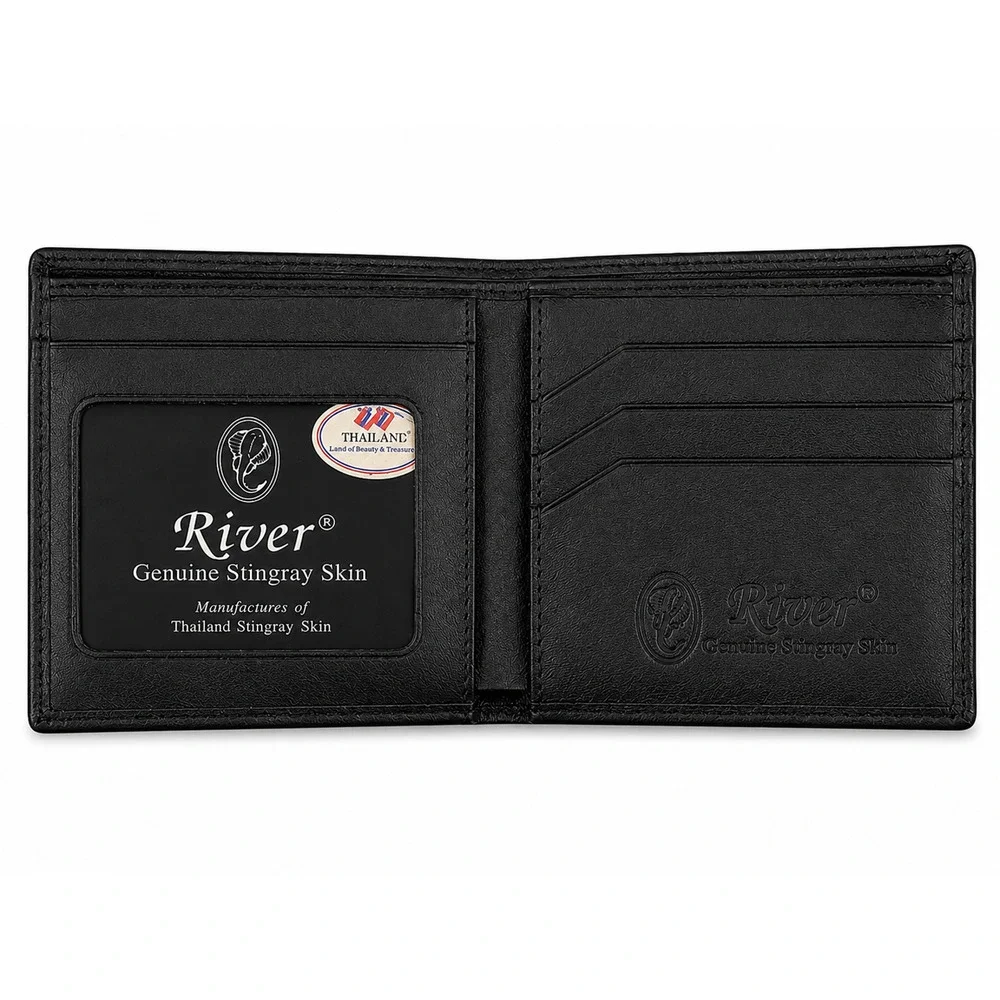 River Black Shagreen Bifold Wallet Genuine Leather ID Holder